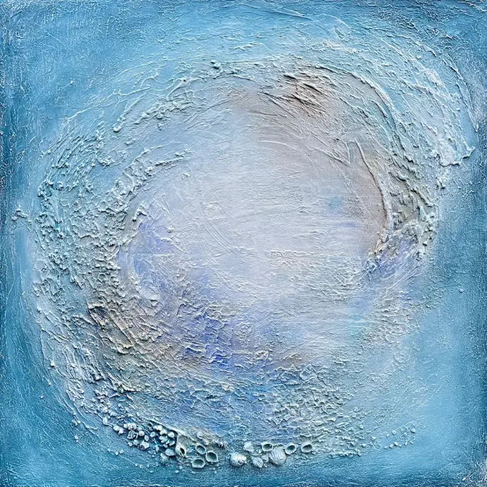 Abstract schilderij 'Samsara' met een cirkelvormige compositie in zachte tinten en een voelbaar reliëf. "Samsara" (90x90cm) van Yelena Bondarenko. Een meditatief abstract schilderij over de cyclus van het leven. Vraag informatie aan.
