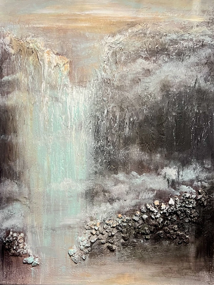 "Music of Waterfall" (90x70cm) van Yelena Bondarenko. Krachtig abstract schilderij vol vrijheid. Vraag informatie aan. Abstract schilderij 'Music of Waterfall' met krachtige blauwe en witte verticale bewegingen en reliëf.