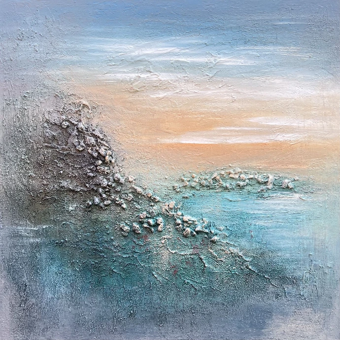 Abstract schilderij 'Ionian Island' in serene blauw- en aardetinten dat water en bergen uitbeeldt. bstract schilderij 'Ionian Island' in serene blauw- en aardetinten dat water en bergen uitbeeldt.