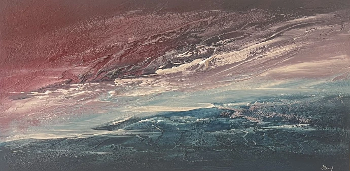 Carrent of Light — Yelena Bondarenko, linnen 50x100, structuurpasta & acryl. Abstract, textuurrijk landschap; contemplatieve, licht-dynamische sfeer. Carrent of Light, 50x100 cm: textuurrijk abstract landschap, boogvormige lichtlagen.