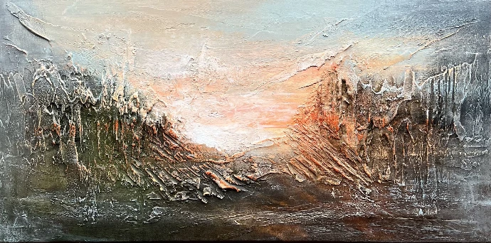 "Dragonstone" door Yelena Bondarenko, linnen doek met acryl en structuurpasta, verbeeldt een mystiek landschap vol diepte en warme aardetinten. Abstract schilderij "Dragonstone" 50x100 cm, aarde- en warmtinten, grof textuur, organische vormen, linnen met acryl.
