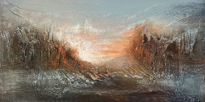 "Dragonstone" — Yelena Bondarenko, 2026. Structuurpasta & acryl op linnen (50x100cm). Aardse texturen met gloeiend koraal, een sluimerend vulkanisch landschap. Abstract schilderij "Dragonstone": mosgroene en zwarte rotstexturen met gloeiend koraaloranje licht.