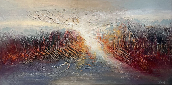 "Flame of Ice" — Yelena Bondarenko, 2026. Structuurpasta & acryl op linnen (120x100cm). Vurige texturen versmelten in ijzig licht, spanning tussen hitte en kalmte. Abstract schilderij "Flame of Ice": rode, oranje vlammende texturen versmeltend in wit licht.